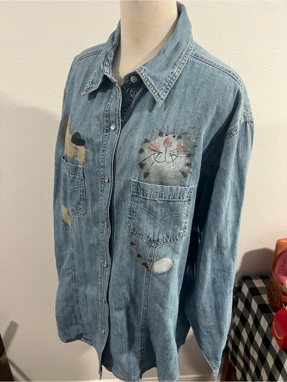 Light Wash Denim Shirt with Playful Cat and dog Art